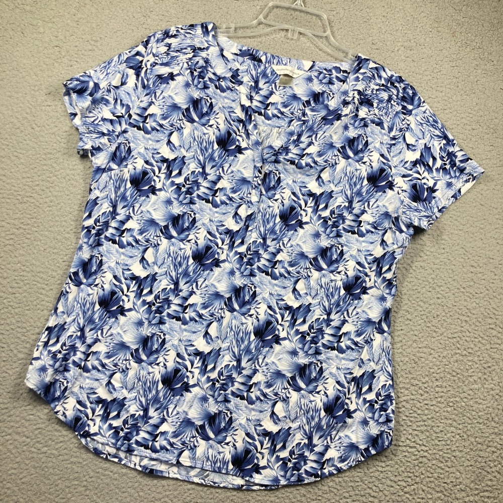 Christopher & Banks Top Womens XL Blue Tropical Floral Pintuck Rayon Resortwear